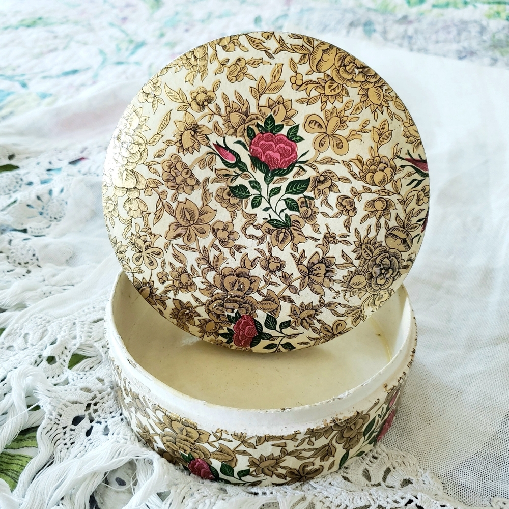 Vintage Floral Keepsake Box Papier Mache Gold W Red Rose Buds Shabby Cottagecore